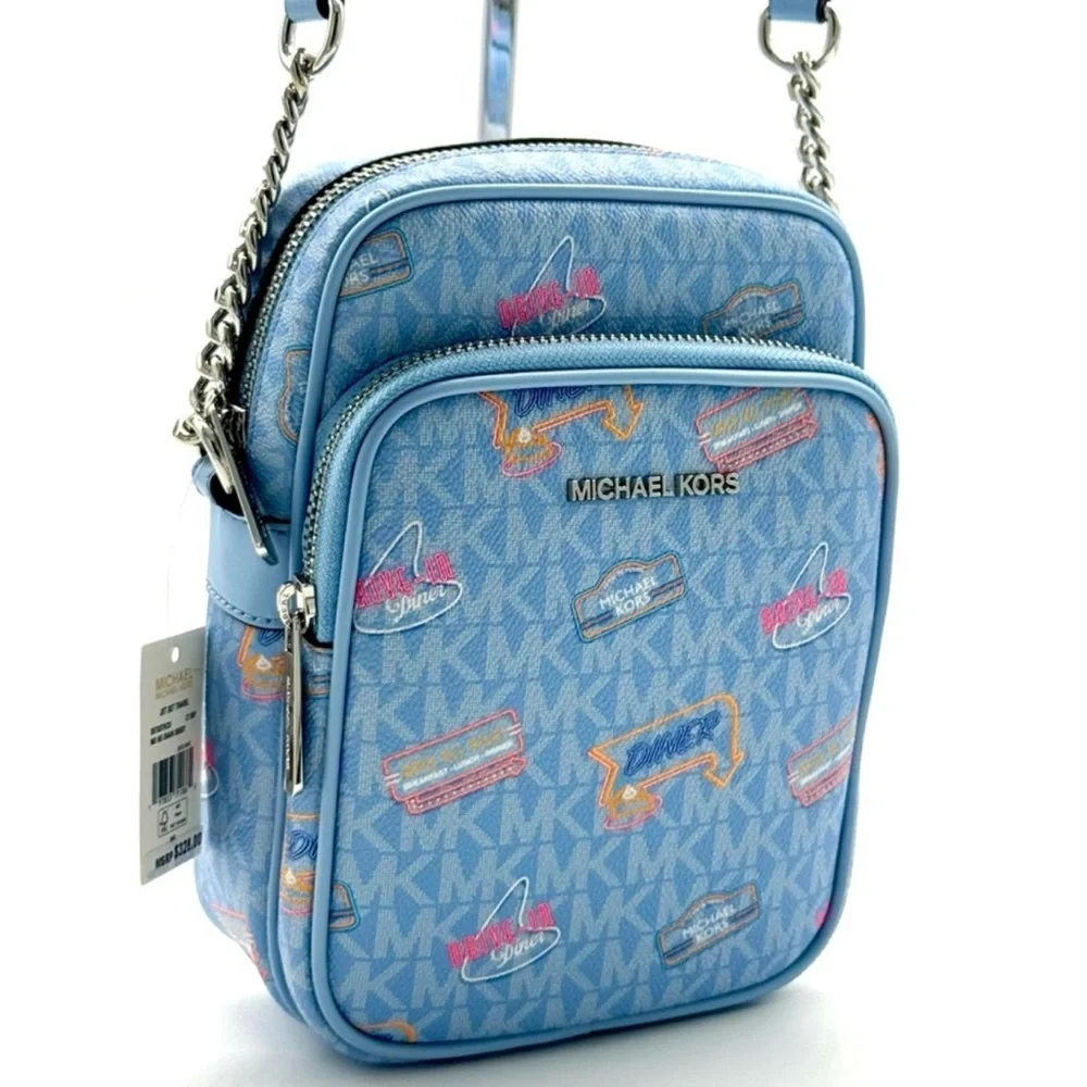 Michael Kors Jet Set Medium Printed Signature Logo Crossbody Bag Light Sky Blue